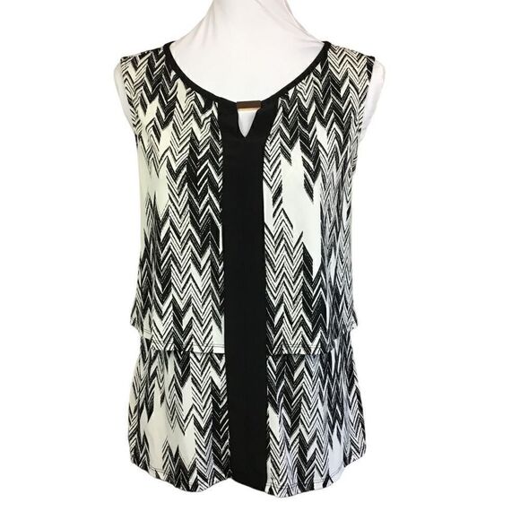 New Directions Layered Tank Style Blouse Sleeveless White Black Print Small - Picture 1 of 11